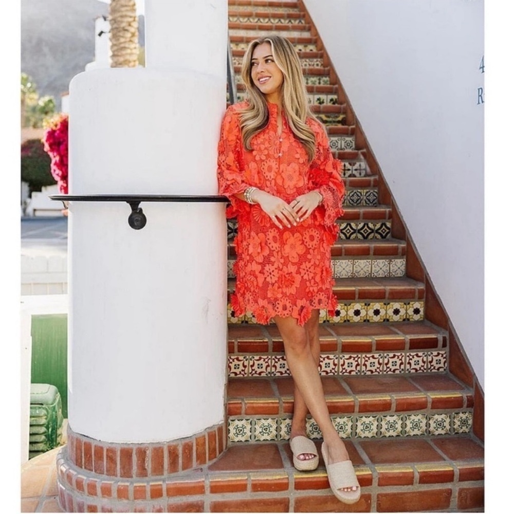 J. Marie Seraphina Dress Coral Short Floral 3D Lace 3/4 Sleeve Shift Kaftan NWT
